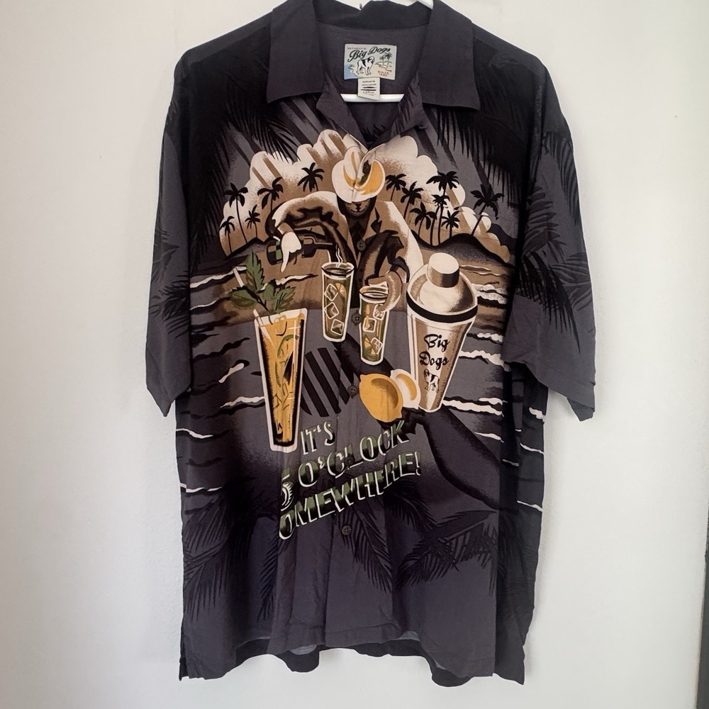 Vintage Big Dogs Shirt Mens L Gray Print Button Up 5oclock Somewhere Cruise Pool